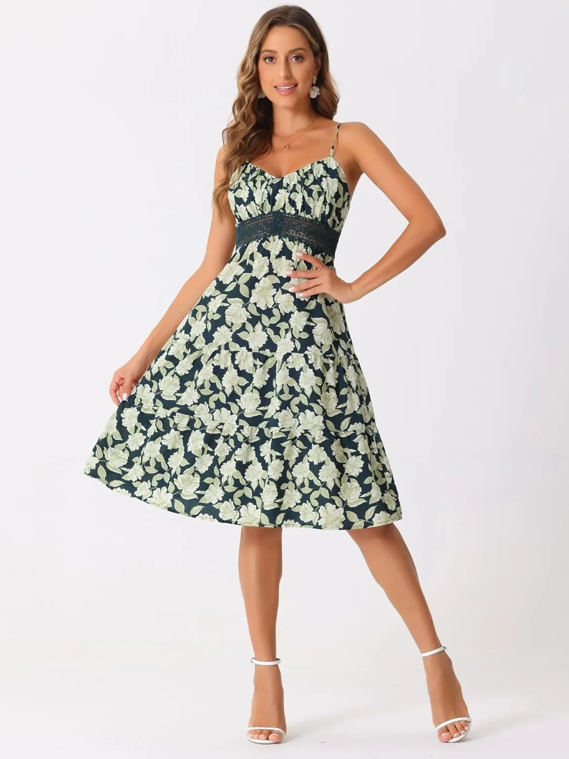 Allegra K Women's Boho Floral Dresses Spaghetti Strap Crochet Panel Sleeveless Midi Dress