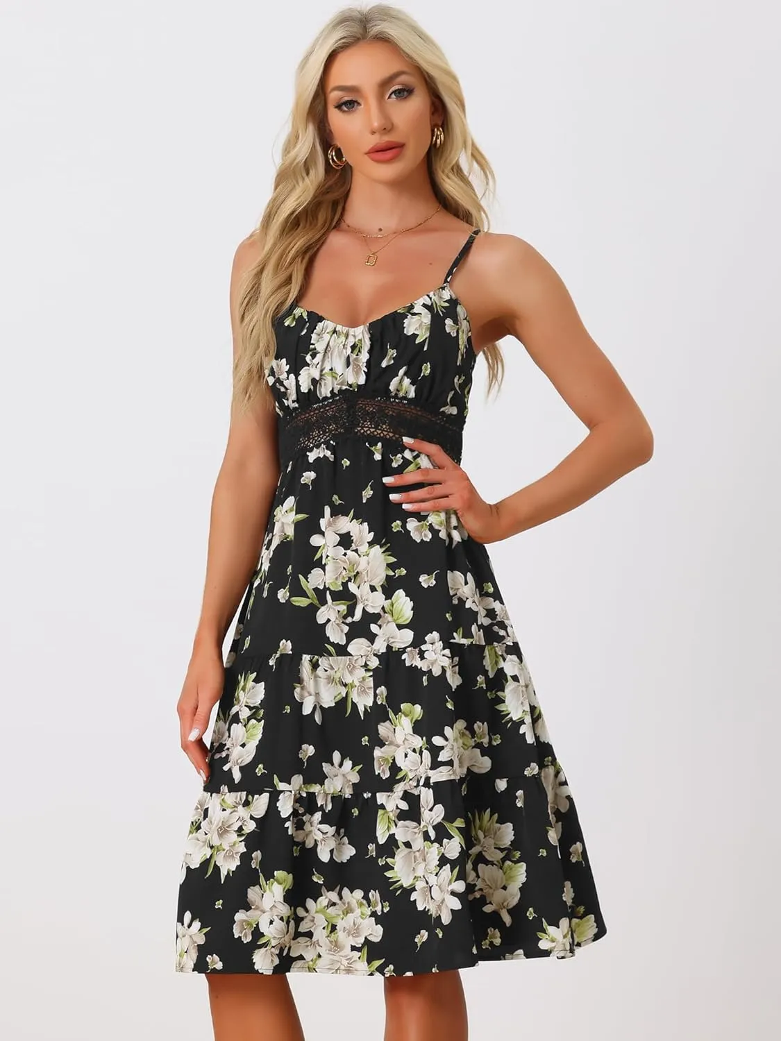 Allegra K Women's Boho Floral Dresses Spaghetti Strap Crochet Panel Sleeveless Midi Dress