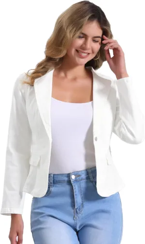Allegra K Women's Stretchy Jean Jacket Lapel Collar One Button Long Sleeve Work Casual Light Weight Denim Jackets