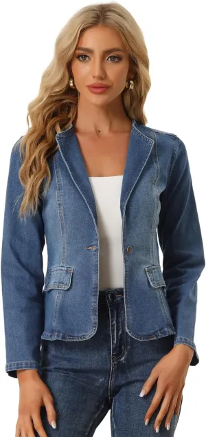 Allegra K Women's Stretchy Jean Jacket Lapel Collar One Button Long Sleeve Work Casual Light Weight Denim Jackets