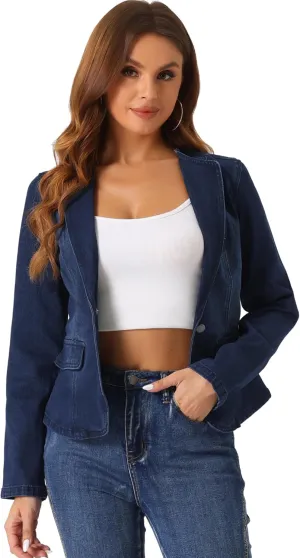 Allegra K Women's Stretchy Jean Jacket Lapel Collar One Button Long Sleeve Work Casual Light Weight Denim Jackets