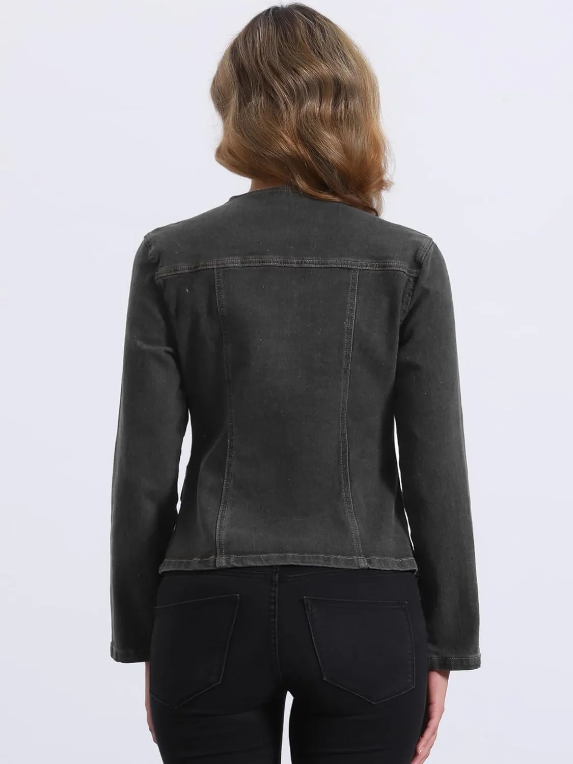Allegra K Women's Stretchy Jean Jacket Lapel Collar One Button Long Sleeve Work Casual Light Weight Denim Jackets