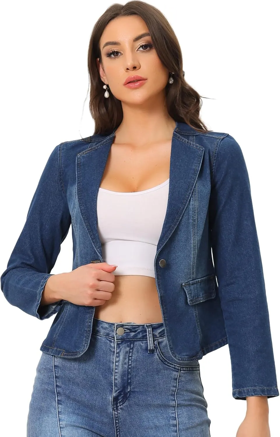 Allegra K Women's Stretchy Jean Jacket Lapel Collar One Button Long Sleeve Work Casual Light Weight Denim Jackets