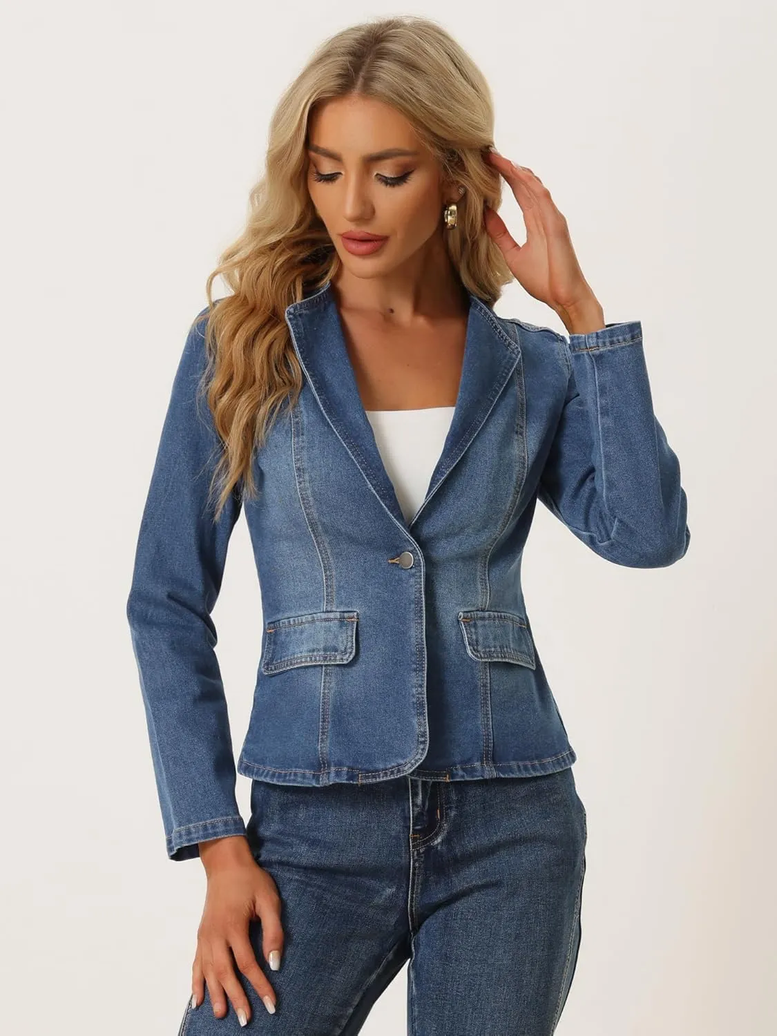 Allegra K Women's Stretchy Jean Jacket Lapel Collar One Button Long Sleeve Work Casual Light Weight Denim Jackets