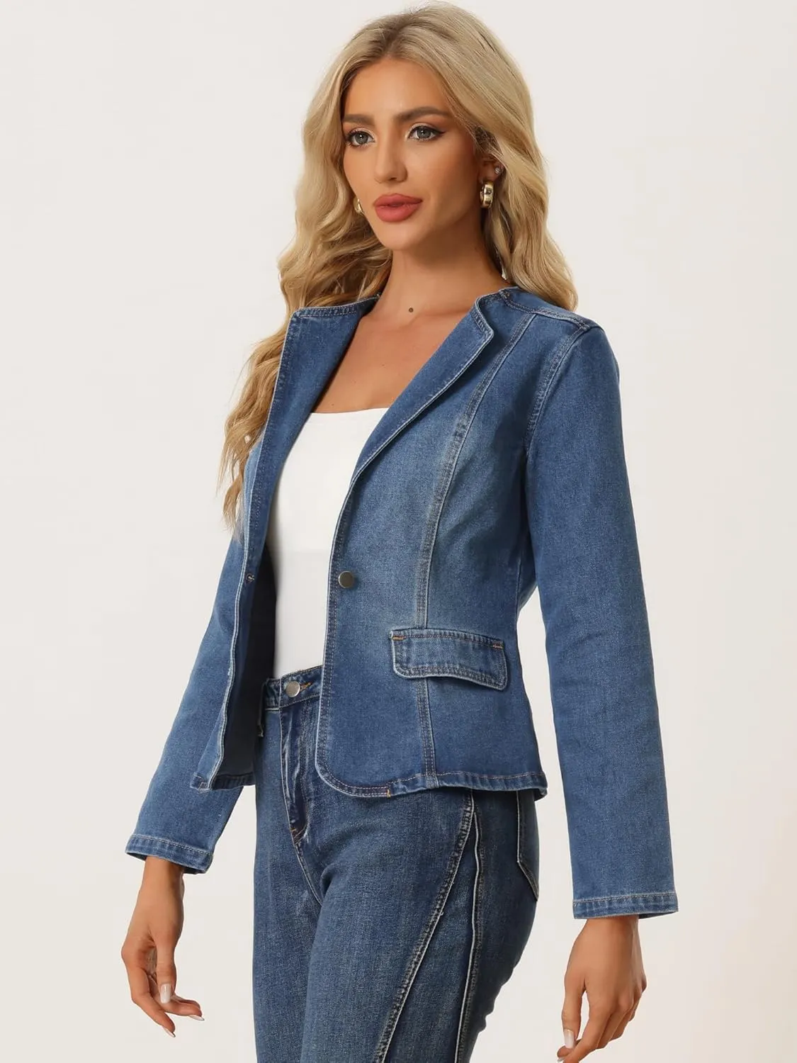 Allegra K Women's Stretchy Jean Jacket Lapel Collar One Button Long Sleeve Work Casual Light Weight Denim Jackets