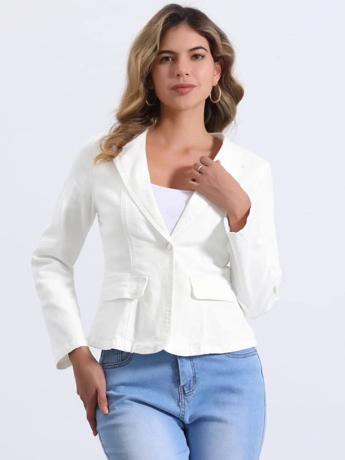 Allegra K Women's Stretchy Jean Jacket Lapel Collar One Button Long Sleeve Work Casual Light Weight Denim Jackets