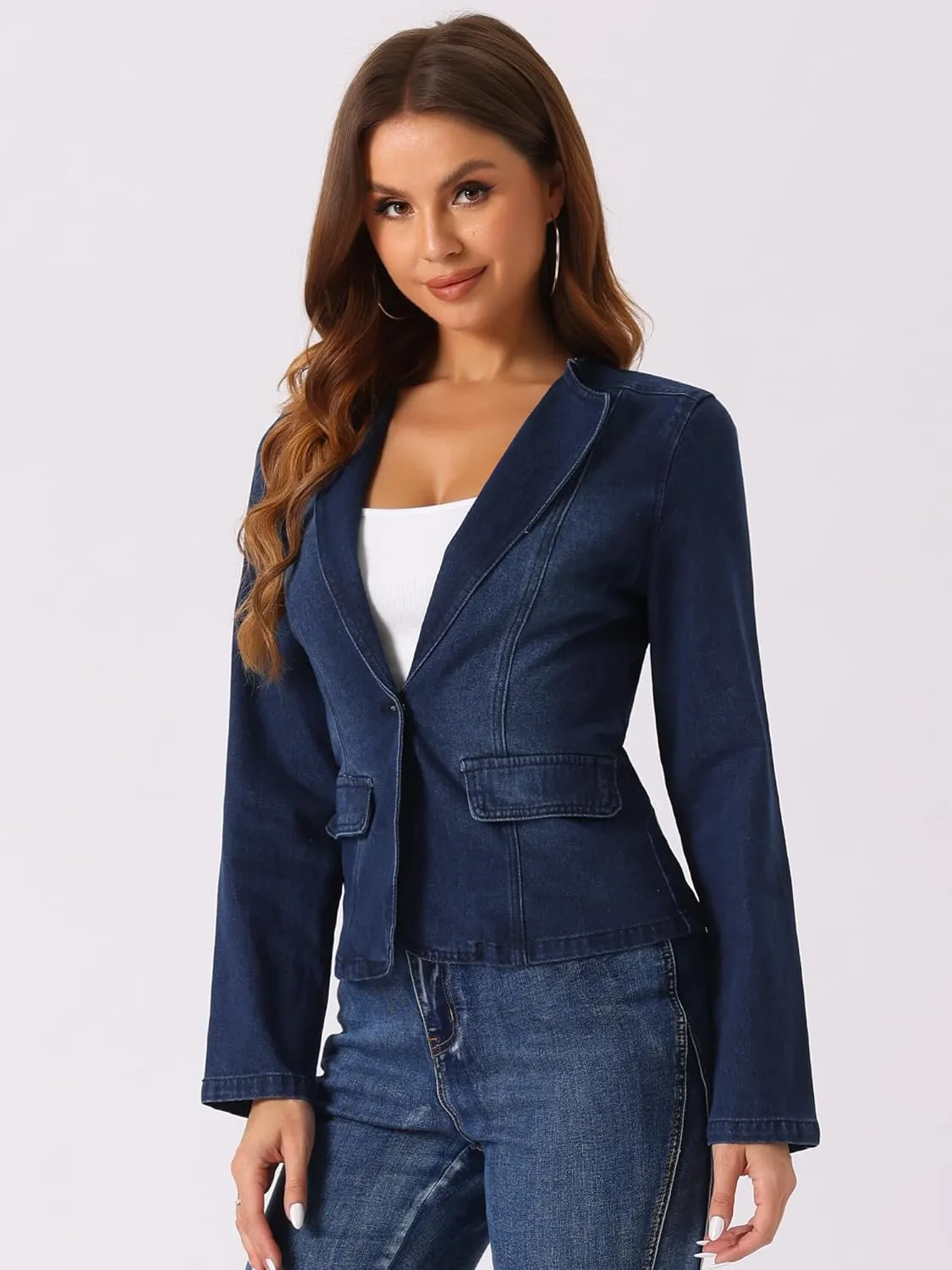 Allegra K Women's Stretchy Jean Jacket Lapel Collar One Button Long Sleeve Work Casual Light Weight Denim Jackets