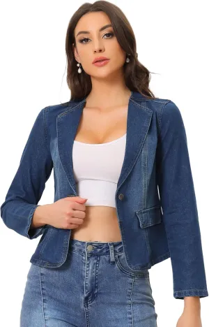 Allegra K Women's Stretchy Jean Jacket Lapel Collar One Button Long Sleeve Work Casual Light Weight Denim Jackets
