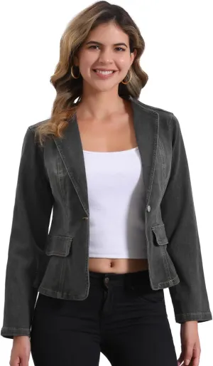 Allegra K Women's Stretchy Jean Jacket Lapel Collar One Button Long Sleeve Work Casual Light Weight Denim Jackets