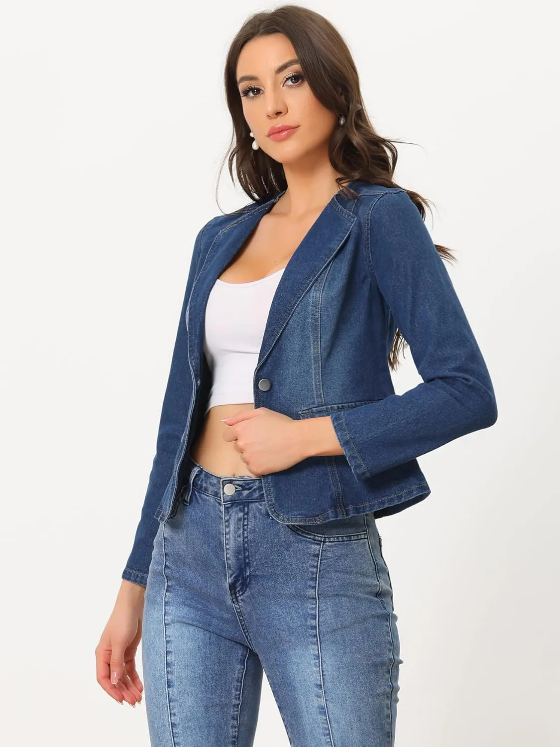 Allegra K Women's Stretchy Jean Jacket Lapel Collar One Button Long Sleeve Work Casual Light Weight Denim Jackets