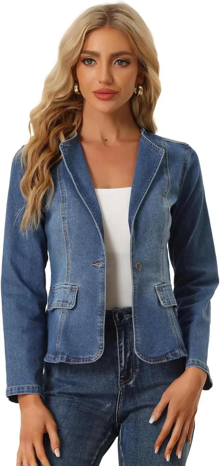 Allegra K Women's Stretchy Jean Jacket Lapel Collar One Button Long Sleeve Work Casual Light Weight Denim Jackets
