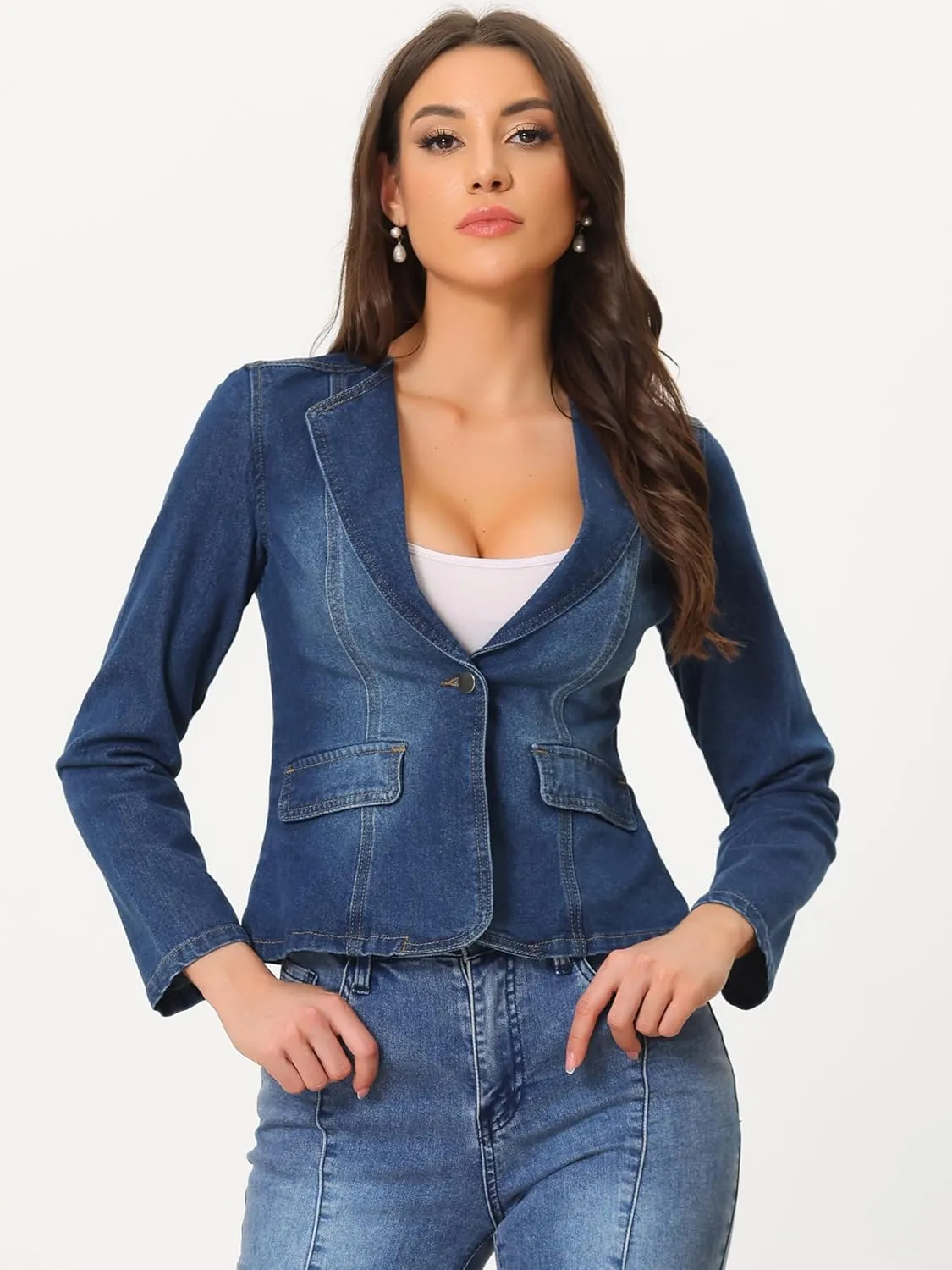Allegra K Women's Stretchy Jean Jacket Lapel Collar One Button Long Sleeve Work Casual Light Weight Denim Jackets
