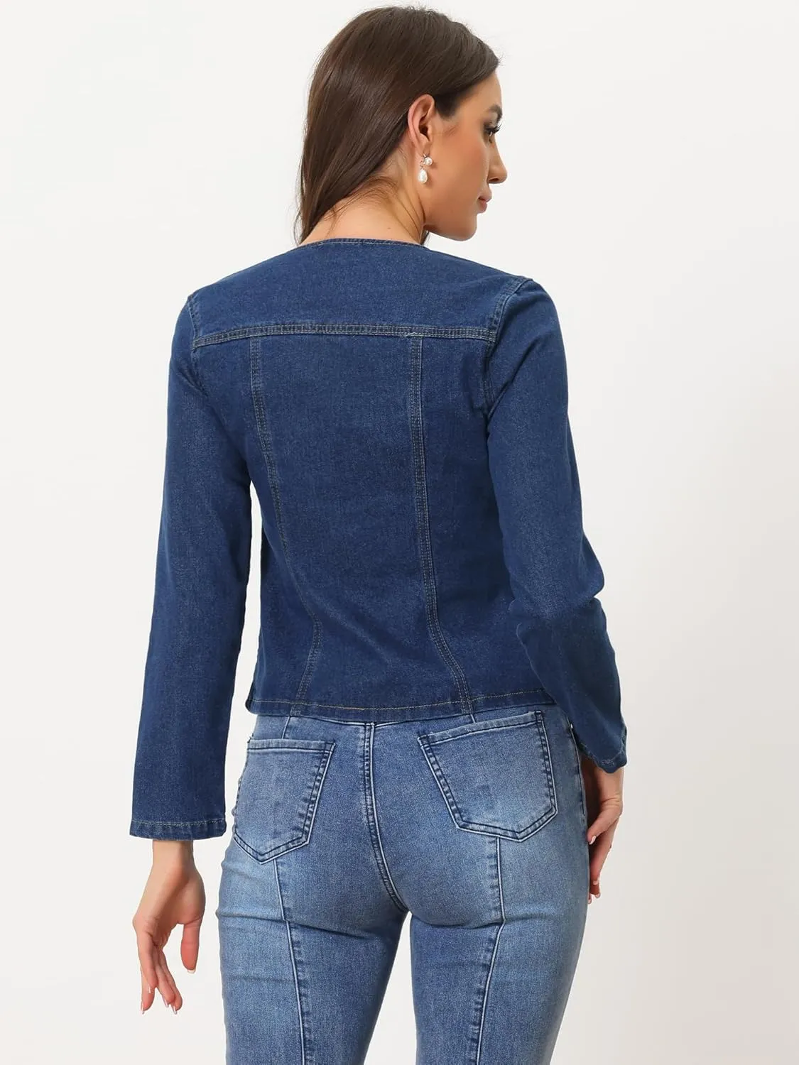 Allegra K Women's Stretchy Jean Jacket Lapel Collar One Button Long Sleeve Work Casual Light Weight Denim Jackets