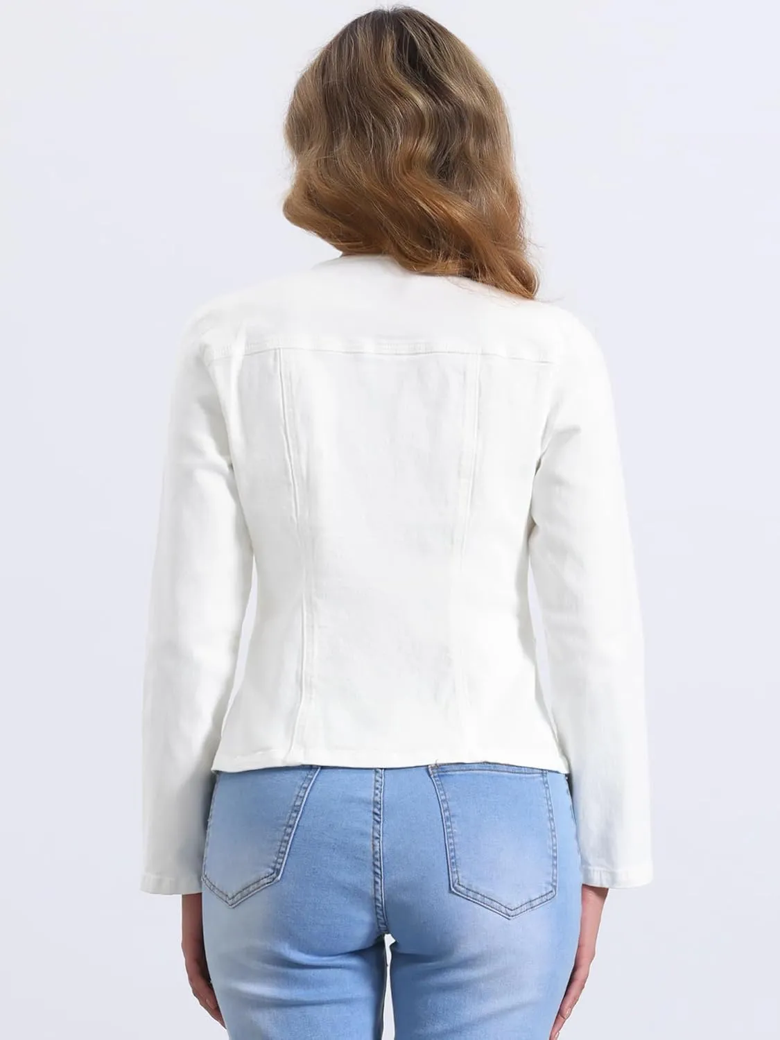 Allegra K Women's Stretchy Jean Jacket Lapel Collar One Button Long Sleeve Work Casual Light Weight Denim Jackets