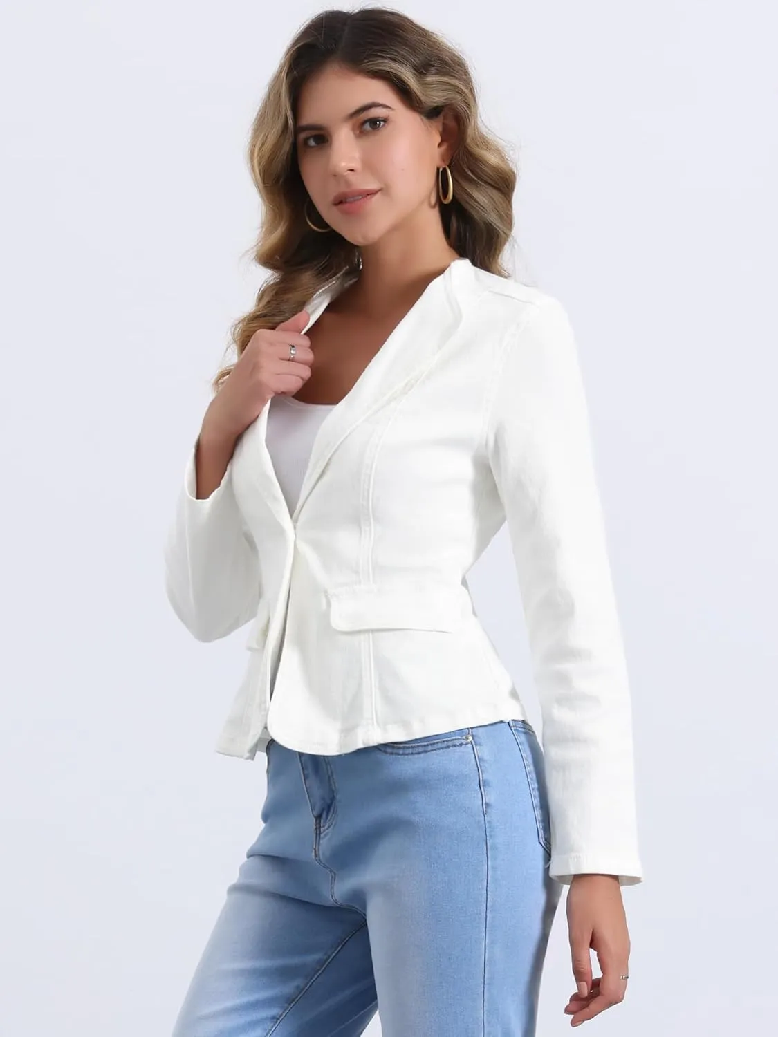 Allegra K Women's Stretchy Jean Jacket Lapel Collar One Button Long Sleeve Work Casual Light Weight Denim Jackets