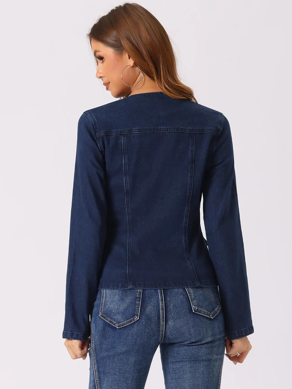 Allegra K Women's Stretchy Jean Jacket Lapel Collar One Button Long Sleeve Work Casual Light Weight Denim Jackets