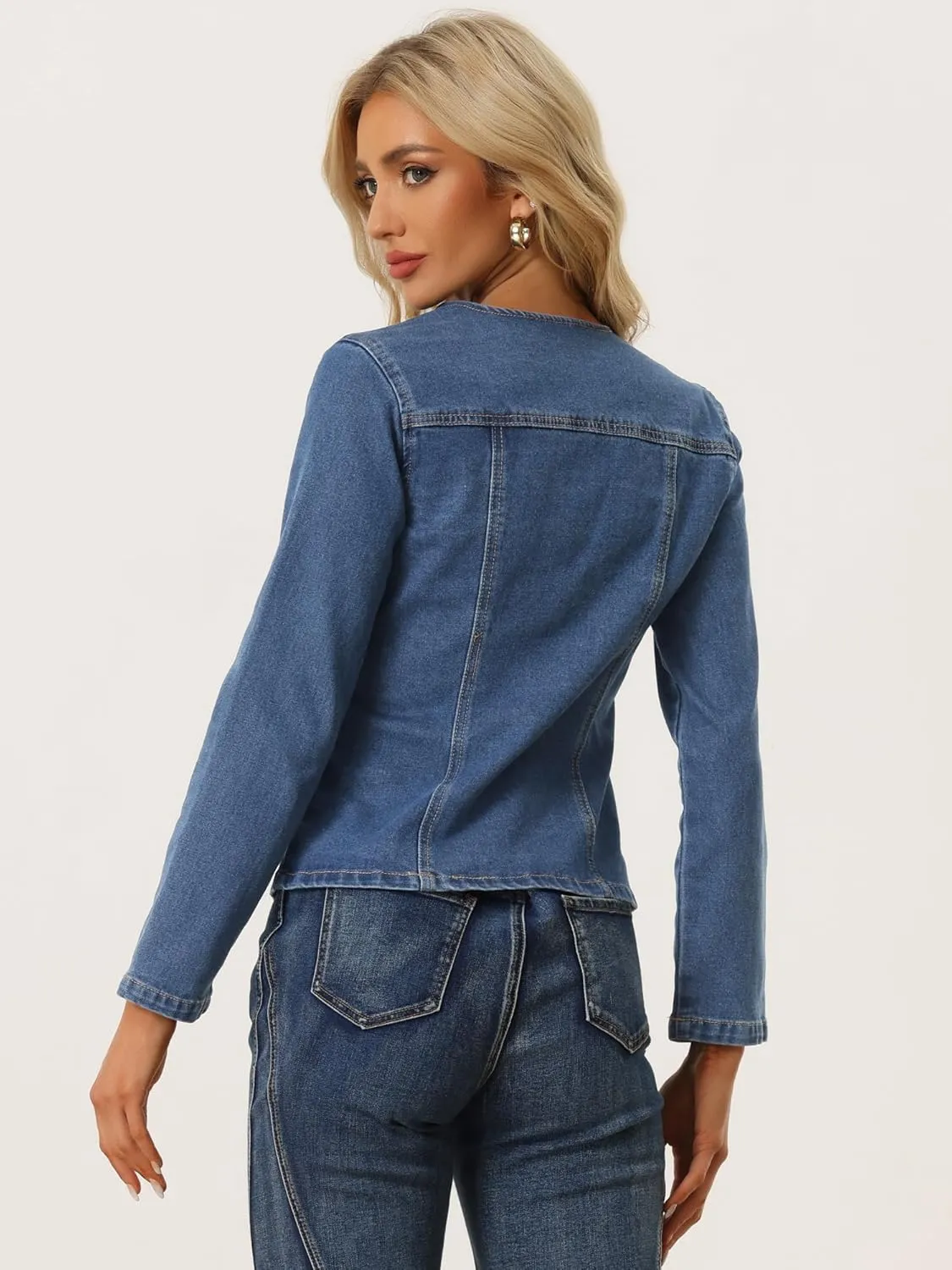Allegra K Women's Stretchy Jean Jacket Lapel Collar One Button Long Sleeve Work Casual Light Weight Denim Jackets