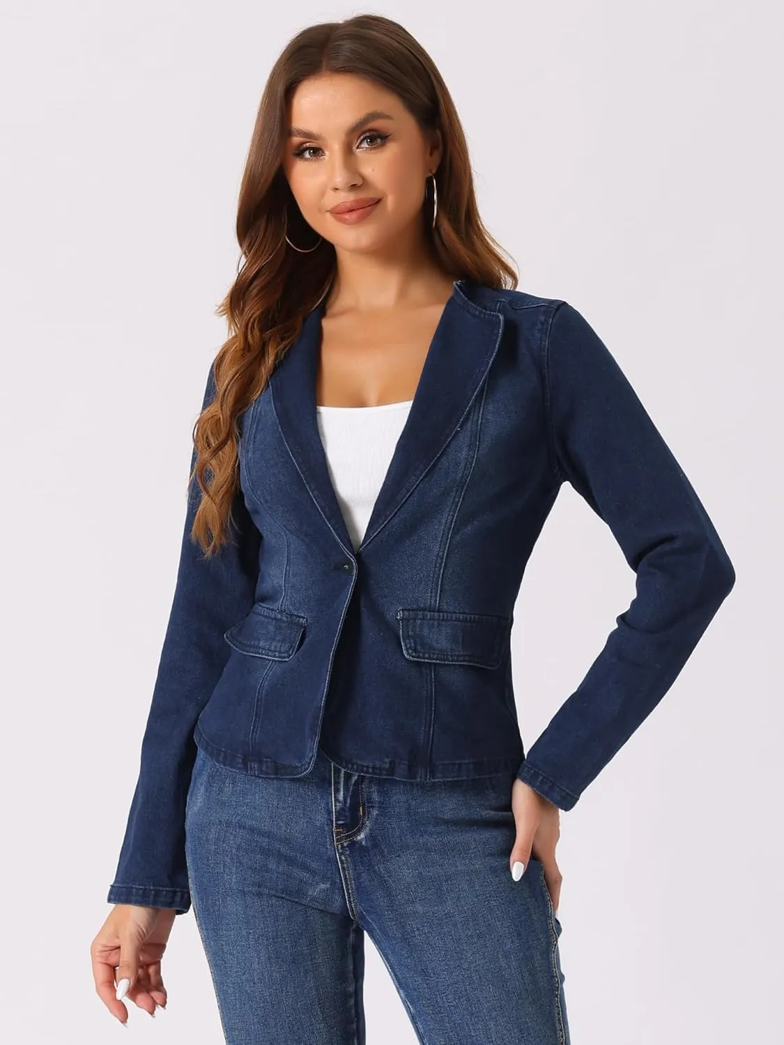 Allegra K Women's Stretchy Jean Jacket Lapel Collar One Button Long Sleeve Work Casual Light Weight Denim Jackets