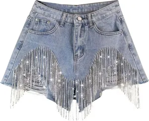AMDBEL Jean Shorts Womens High Waisted Rhinestone Denim Shorts Diamond Fringe Tassel Jean Shorts Wide Leg Frayed Hem Shorts