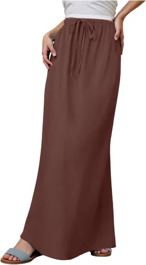 AMDBEL Maxi Skirts for Women Summer,Cotton Linen Long Skirts Boho Casual Flowy Skirts Drawstring Waist A Line Beach Skirts
