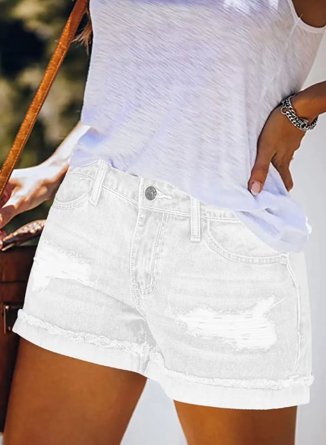 ANFTFH Womens Shorts Casual Waisted Ripped Puncture Elastic Denim Frayed Hem Shorts