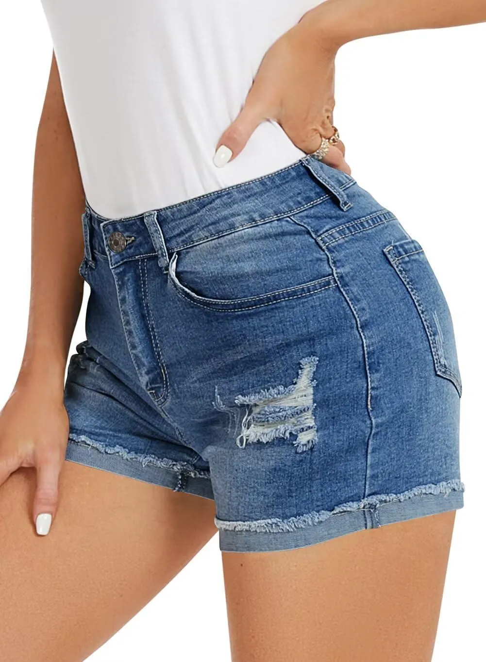 ANFTFH Womens Shorts Casual Waisted Ripped Puncture Elastic Denim Frayed Hem Shorts