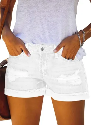 ANFTFH Womens Shorts Casual Waisted Ripped Puncture Elastic Denim Frayed Hem Shorts