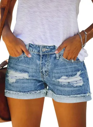 ANFTFH Womens Shorts Casual Waisted Ripped Puncture Elastic Denim Frayed Hem Shorts