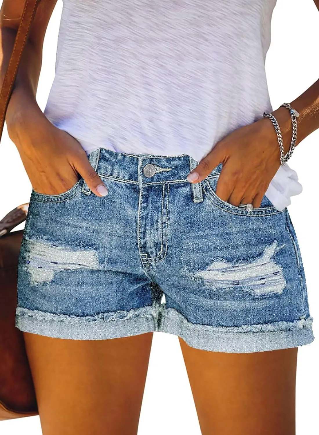 ANFTFH Womens Shorts Casual Waisted Ripped Puncture Elastic Denim Frayed Hem Shorts