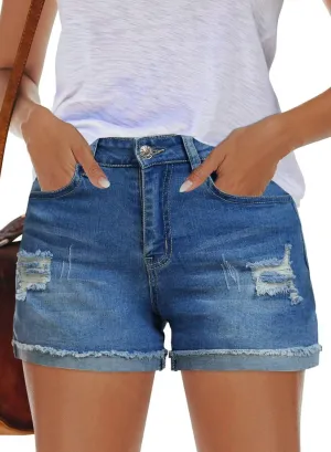 ANFTFH Womens Shorts Casual Waisted Ripped Puncture Elastic Denim Frayed Hem Shorts