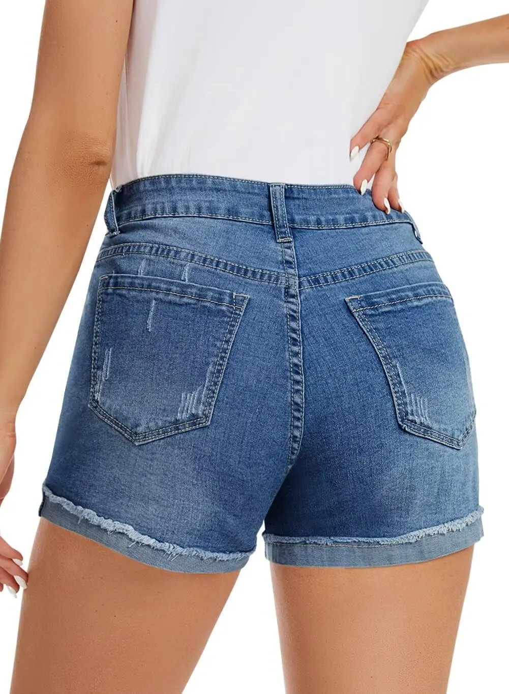 ANFTFH Womens Shorts Casual Waisted Ripped Puncture Elastic Denim Frayed Hem Shorts