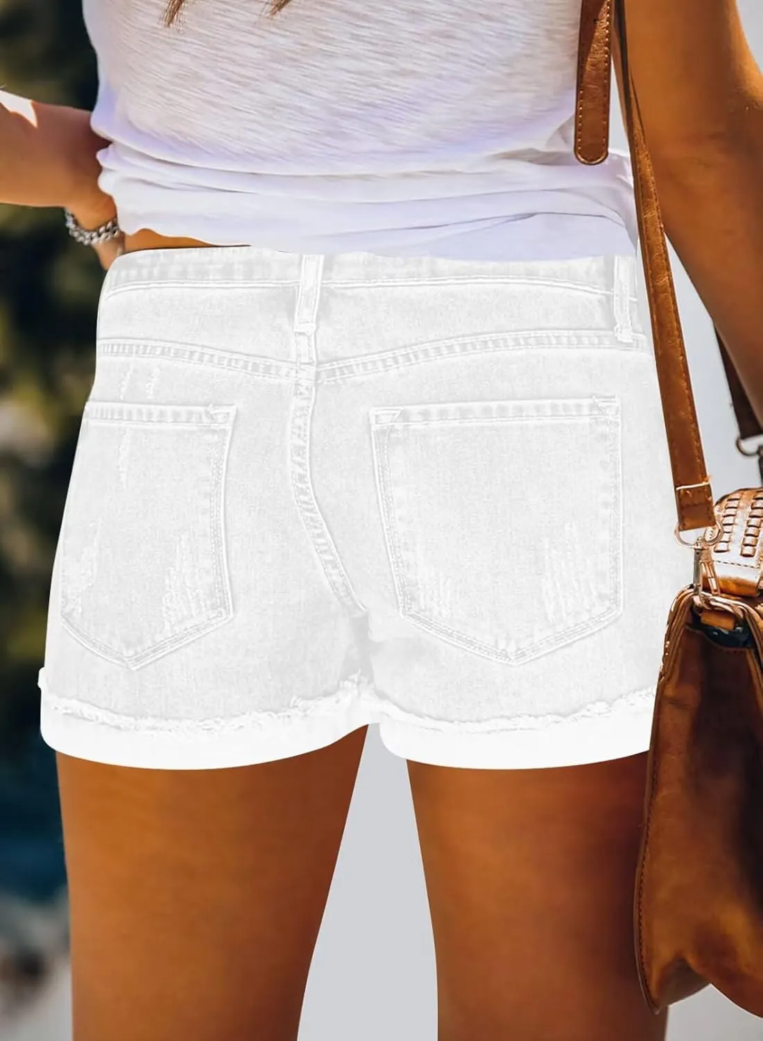 ANFTFH Womens Shorts Casual Waisted Ripped Puncture Elastic Denim Frayed Hem Shorts