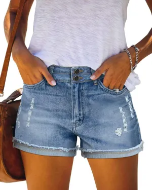 ANFTFH Womens Shorts Casual Waisted Ripped Puncture Elastic Denim Frayed Hem Shorts