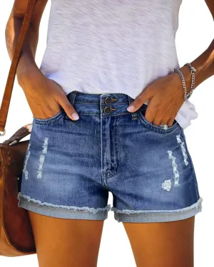 ANFTFH Womens Shorts Casual Waisted Ripped Puncture Elastic Denim Frayed Hem Shorts