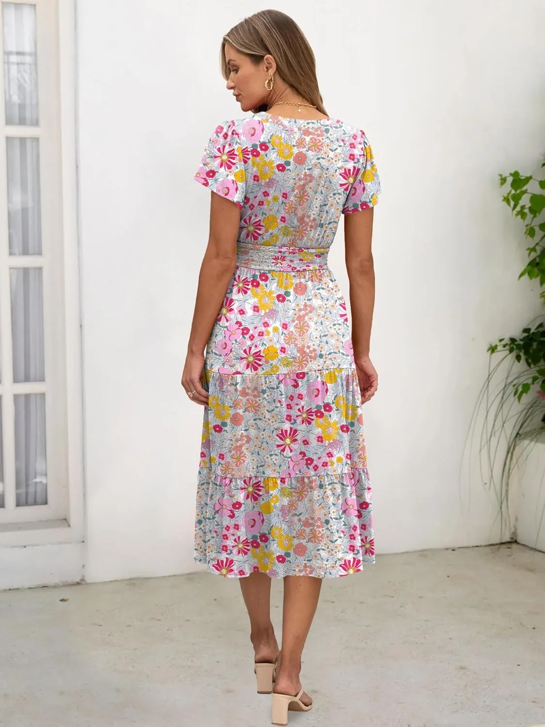 ANRABESS Womens Summer Casual Short Sleeve V Neck Midi Dresses Button Down A Line Flowy Tiered 2025 Boho Beach Dress