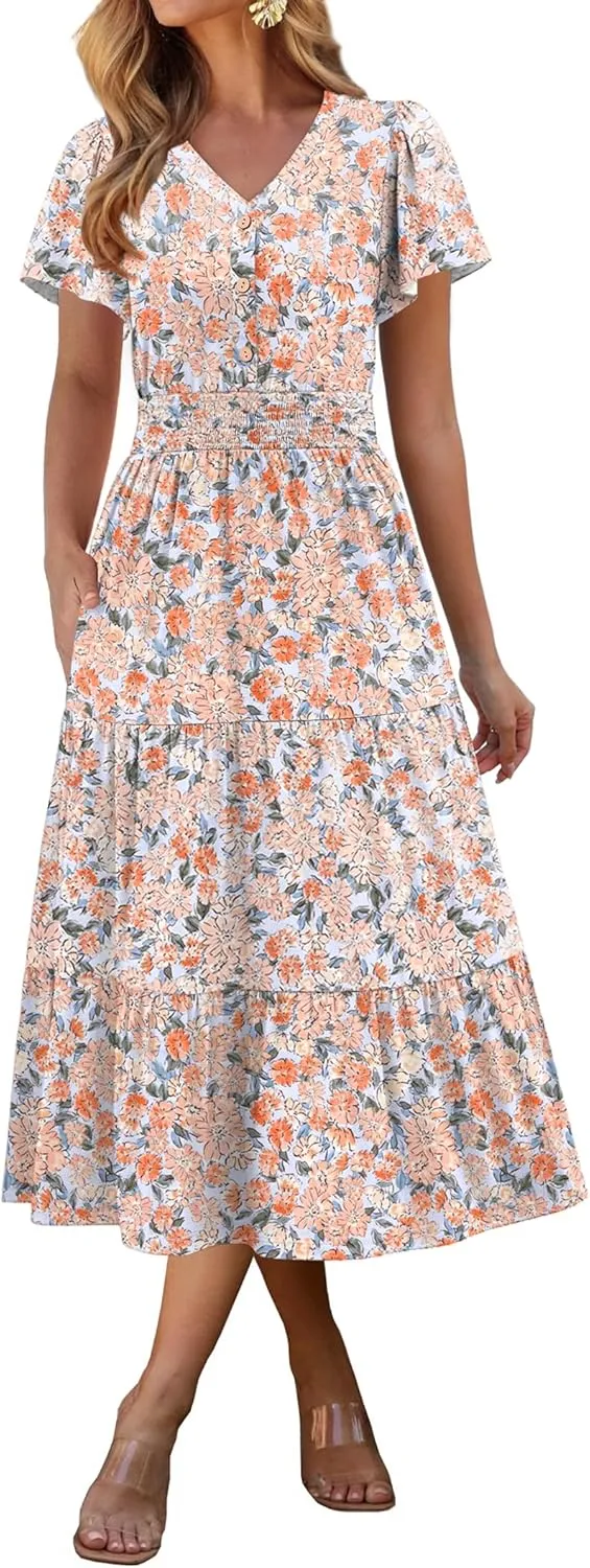 ANRABESS Womens Summer Casual Short Sleeve V Neck Midi Dresses Button Down A Line Flowy Tiered 2025 Boho Beach Dress