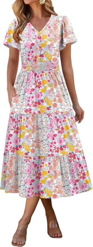 ANRABESS Womens Summer Casual Short Sleeve V Neck Midi Dresses Button Down A Line Flowy Tiered 2025 Boho Beach Dress