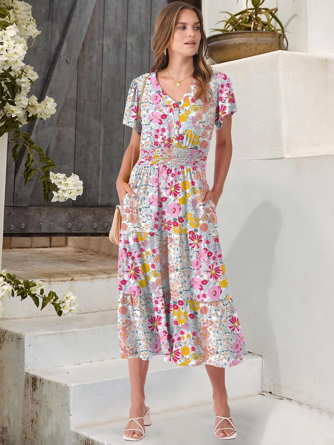 ANRABESS Womens Summer Casual Short Sleeve V Neck Midi Dresses Button Down A Line Flowy Tiered 2025 Boho Beach Dress