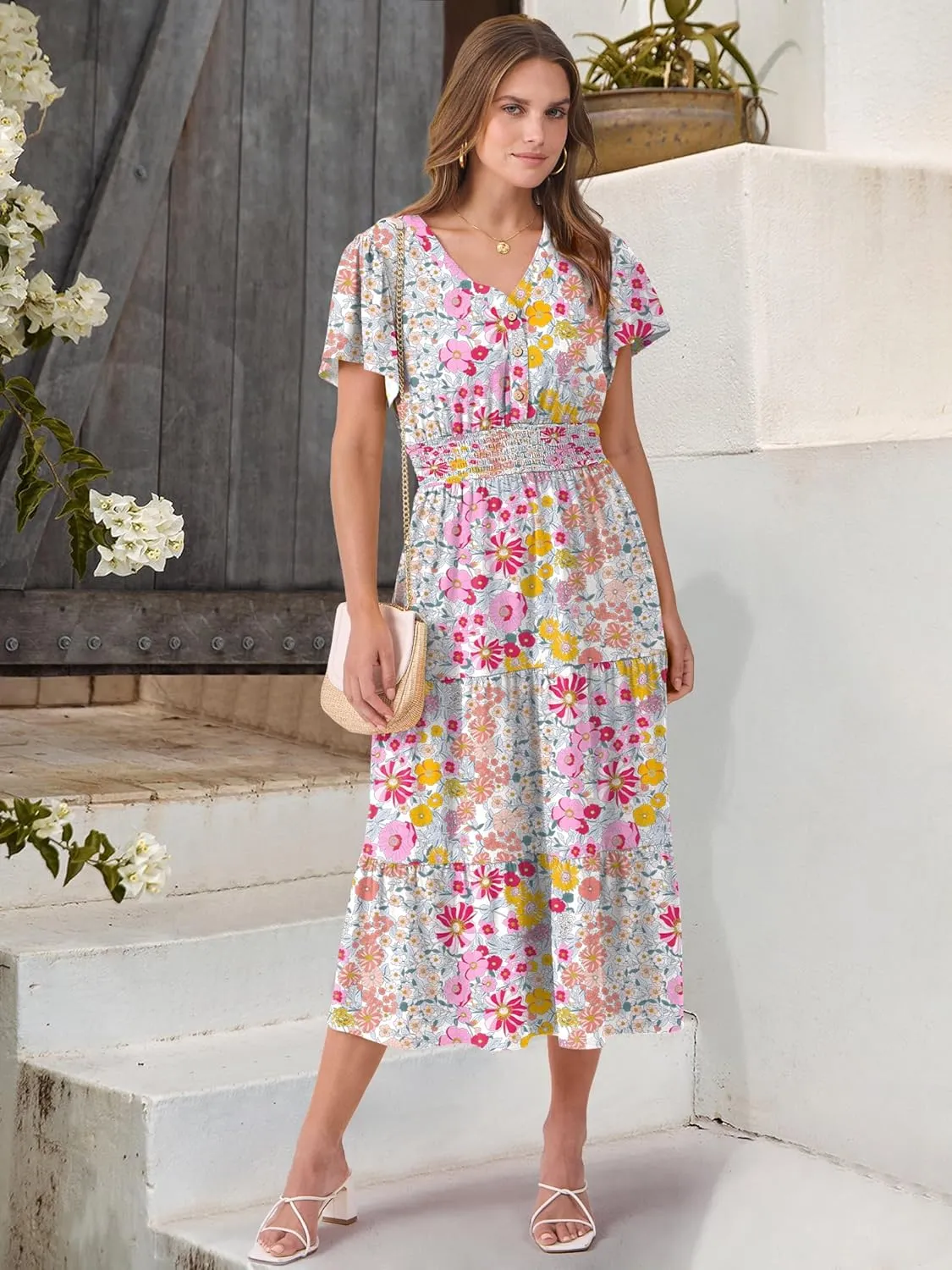 ANRABESS Womens Summer Casual Short Sleeve V Neck Midi Dresses Button Down A Line Flowy Tiered 2025 Boho Beach Dress