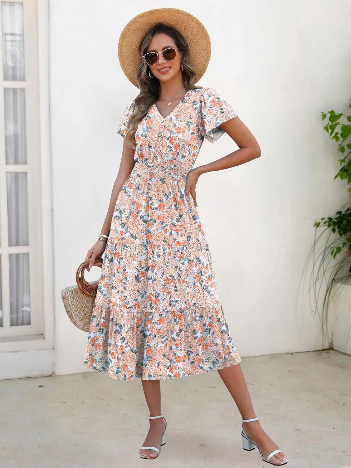 ANRABESS Womens Summer Casual Short Sleeve V Neck Midi Dresses Button Down A Line Flowy Tiered 2025 Boho Beach Dress