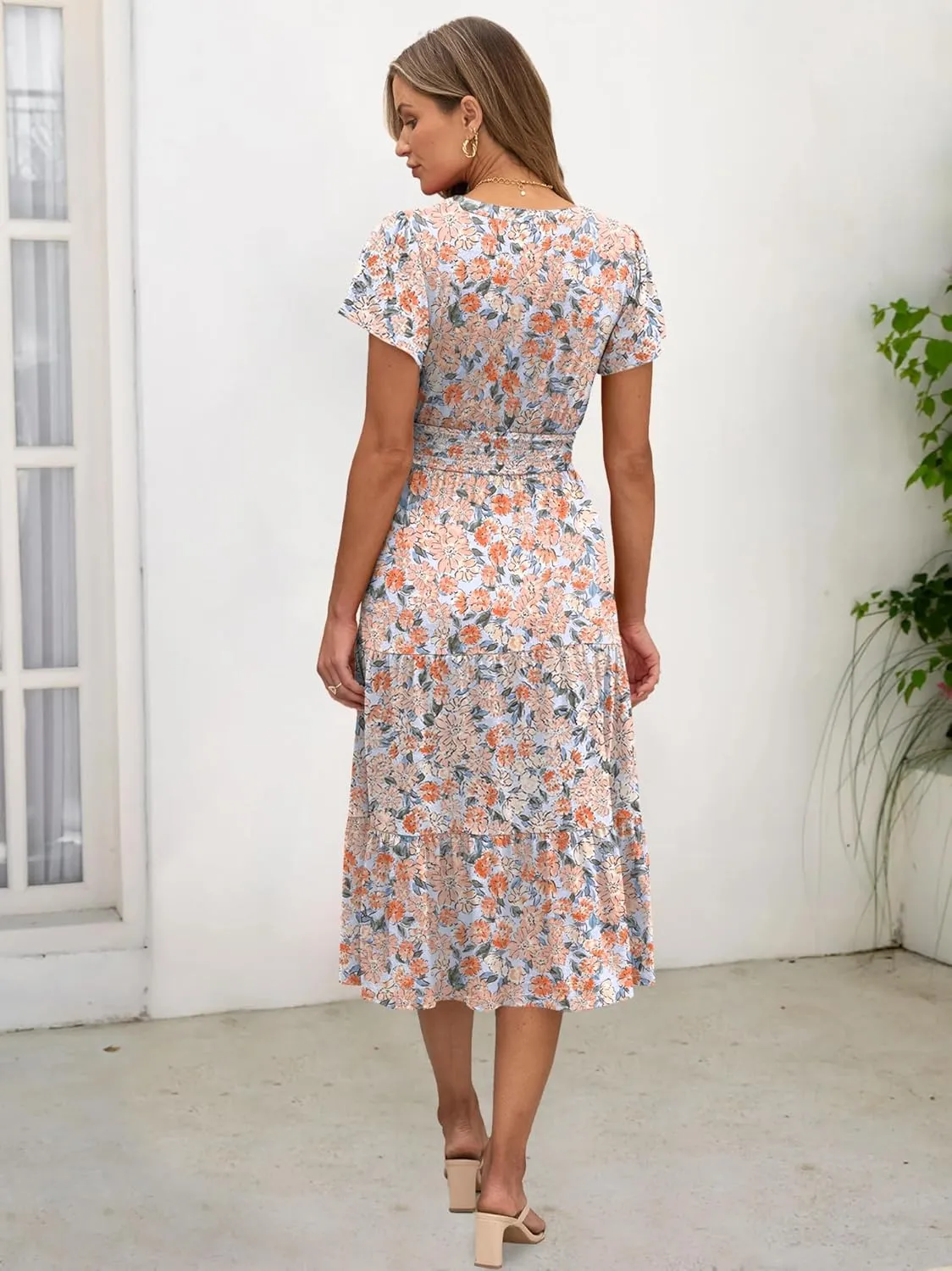 ANRABESS Womens Summer Casual Short Sleeve V Neck Midi Dresses Button Down A Line Flowy Tiered 2025 Boho Beach Dress