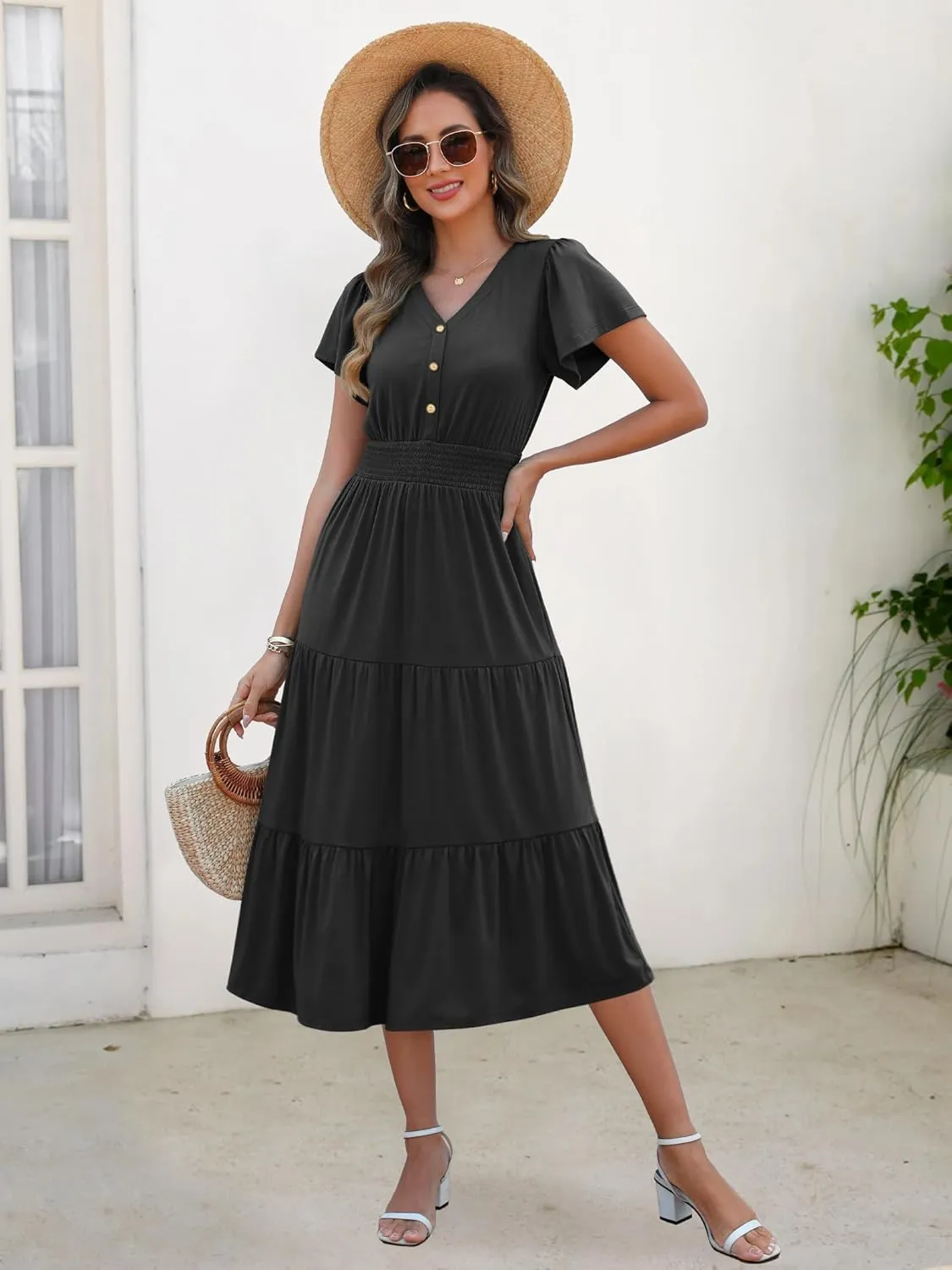ANRABESS Womens Summer Casual Short Sleeve V Neck Midi Dresses Button Down A Line Flowy Tiered 2025 Boho Beach Dress