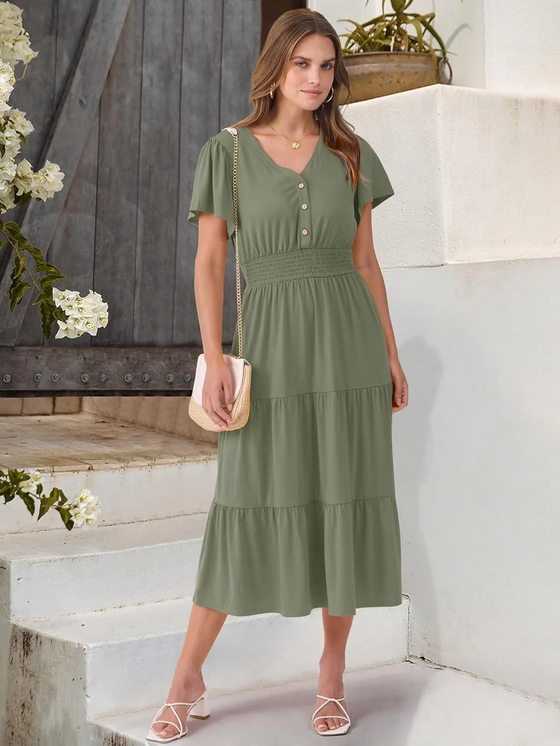 ANRABESS Womens Summer Casual Short Sleeve V Neck Midi Dresses Button Down A Line Flowy Tiered 2025 Boho Beach Dress