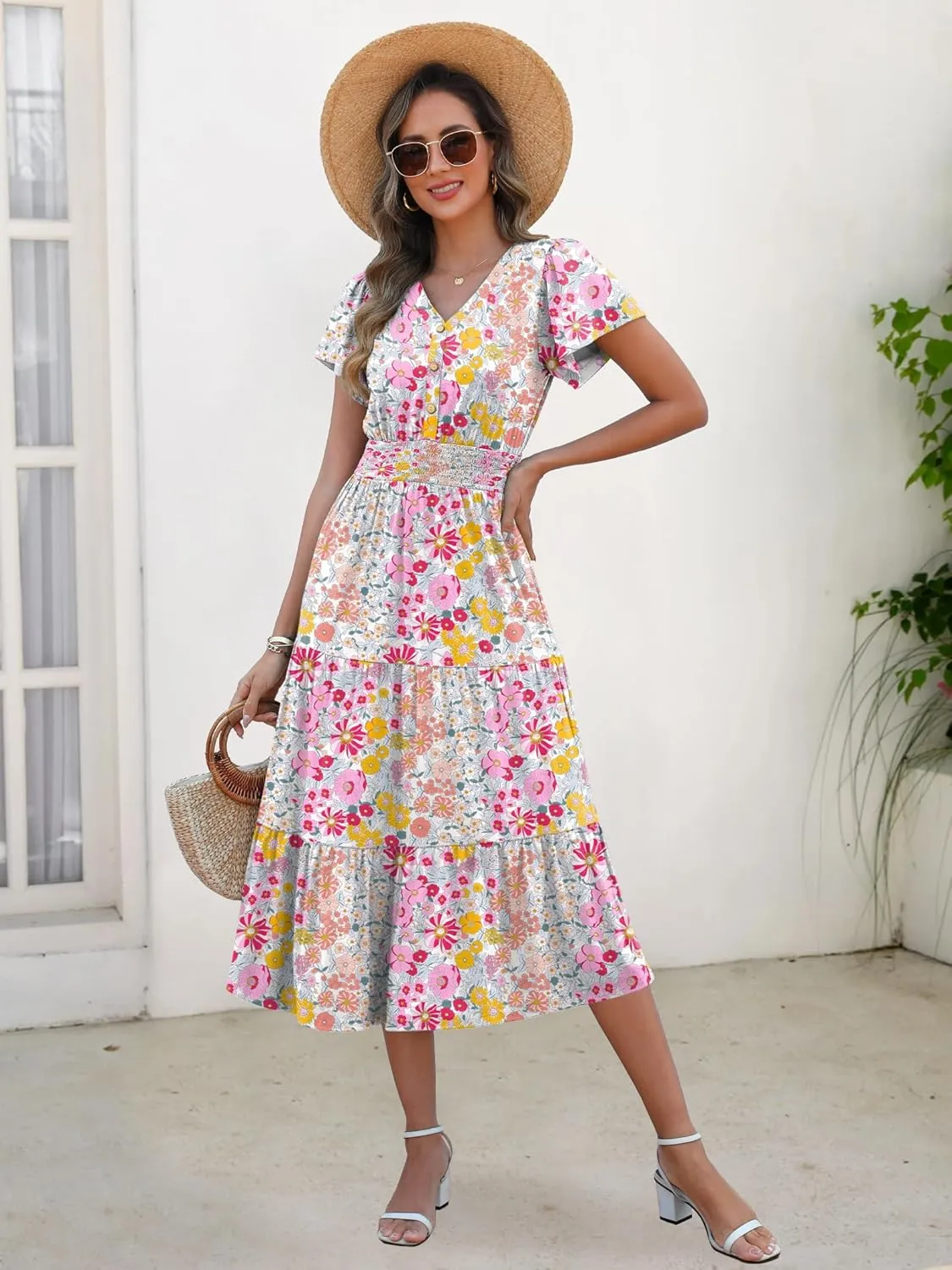 ANRABESS Womens Summer Casual Short Sleeve V Neck Midi Dresses Button Down A Line Flowy Tiered 2025 Boho Beach Dress