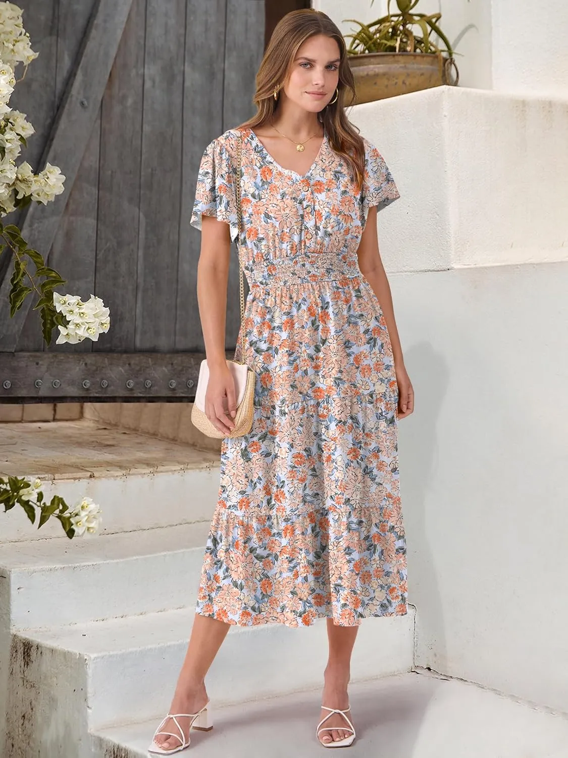 ANRABESS Womens Summer Casual Short Sleeve V Neck Midi Dresses Button Down A Line Flowy Tiered 2025 Boho Beach Dress
