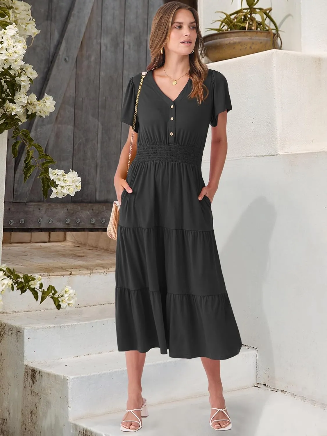 ANRABESS Womens Summer Casual Short Sleeve V Neck Midi Dresses Button Down A Line Flowy Tiered 2025 Boho Beach Dress