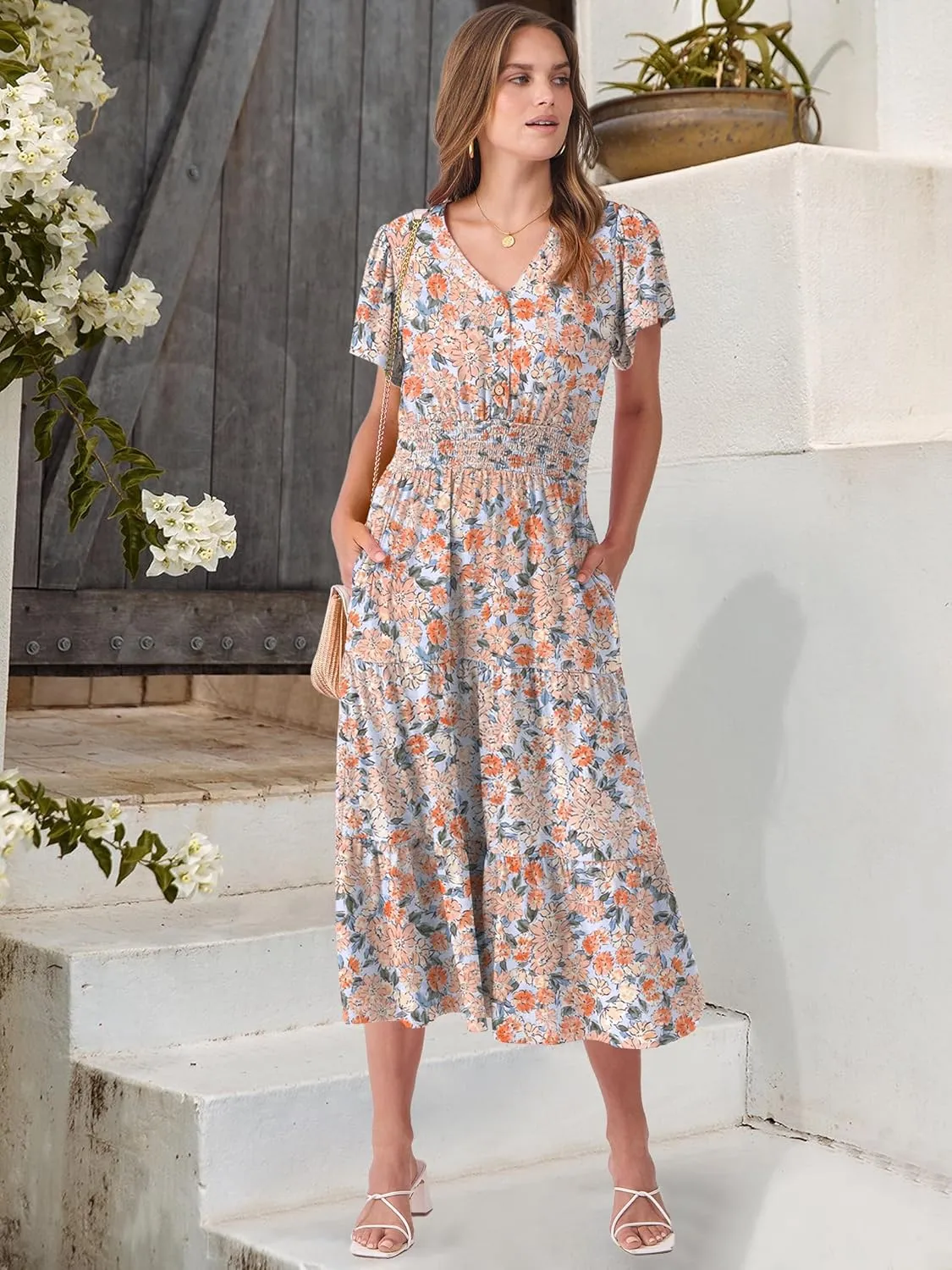 ANRABESS Womens Summer Casual Short Sleeve V Neck Midi Dresses Button Down A Line Flowy Tiered 2025 Boho Beach Dress