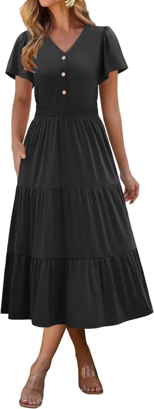 ANRABESS Womens Summer Casual Short Sleeve V Neck Midi Dresses Button Down A Line Flowy Tiered 2025 Boho Beach Dress