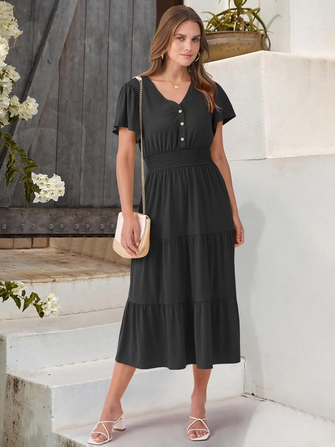 ANRABESS Womens Summer Casual Short Sleeve V Neck Midi Dresses Button Down A Line Flowy Tiered 2025 Boho Beach Dress