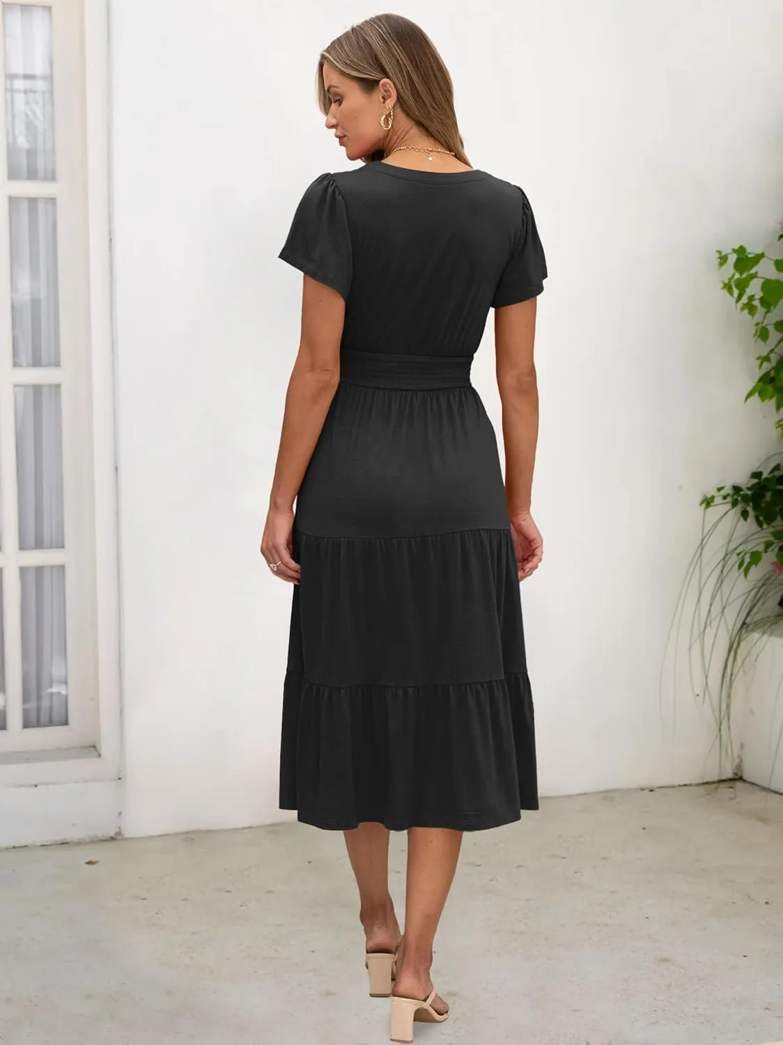 ANRABESS Womens Summer Casual Short Sleeve V Neck Midi Dresses Button Down A Line Flowy Tiered 2025 Boho Beach Dress